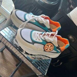 Tory Burch White, Orange, and Teal Sneakers